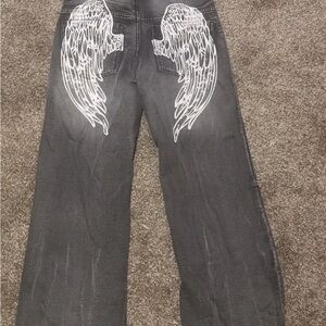 Women's Gray Flare Jeans with Angel Wing Design